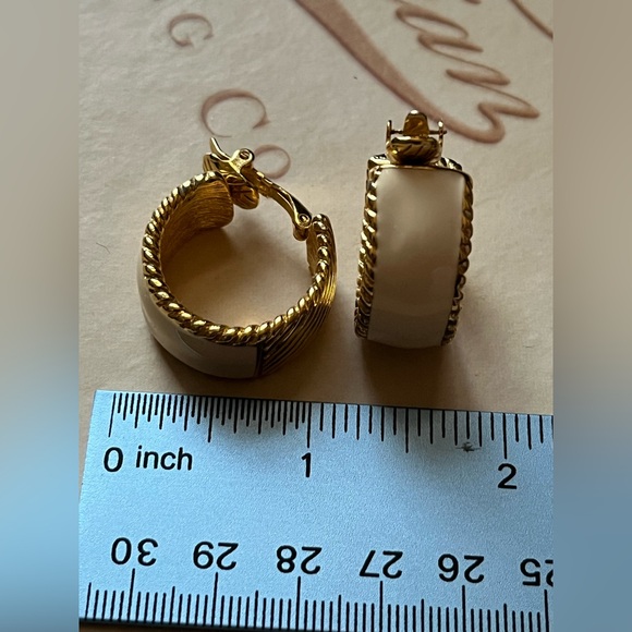 Trifari Gold and Cream Hoop Earrings - Picture 3 of 6